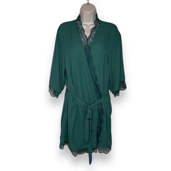 INC International Concepts Intimates Lace Trim Short Robe Green Women Large - Picture 1 of 14
